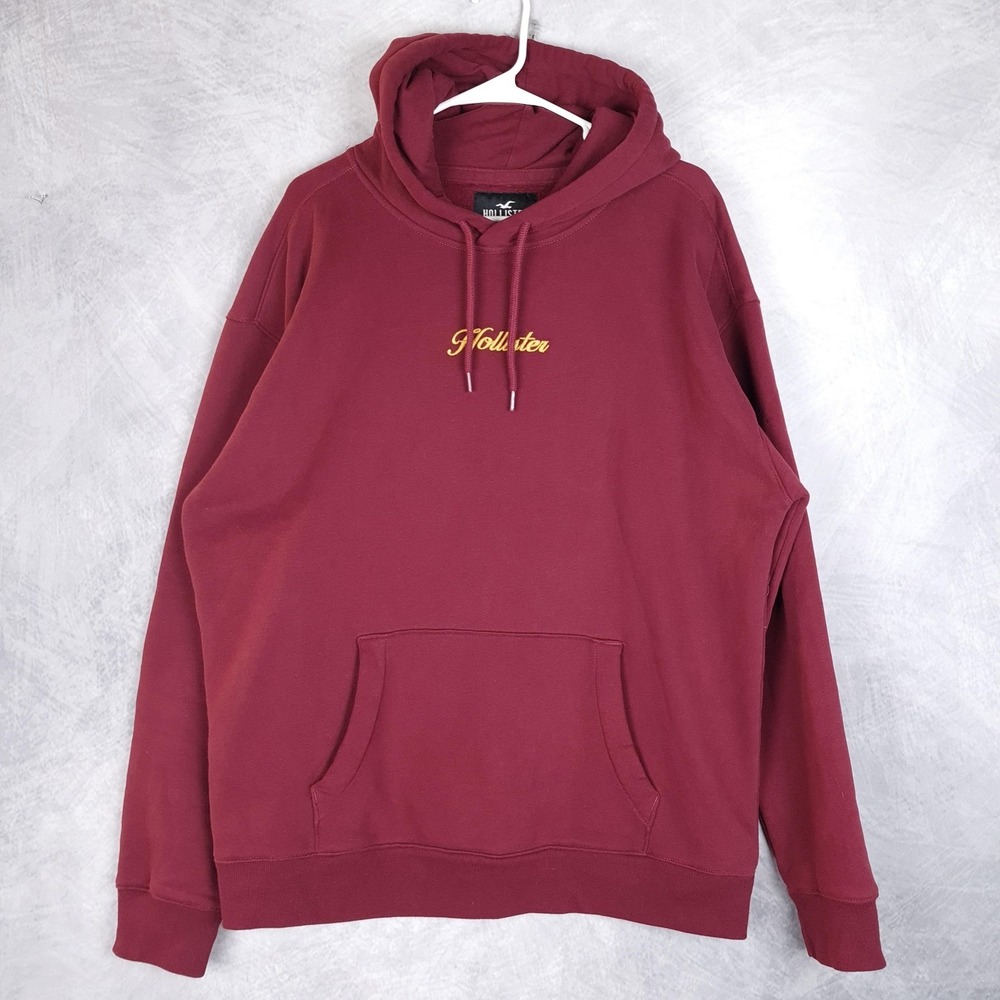 Hollister Hoodie Mens XL Maroon Fleece Pullover Sweatshirt Logo Embroidered